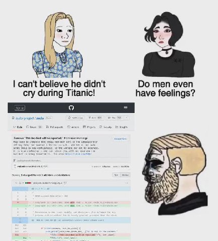 can't he didn't men even cry during Titanic! have feelings? sudo-projec sudo Code Pull Remove “This incident will be reported.” from user wamings. milllert comn ited Feb 4, 2 4 1 changed with 3 additi