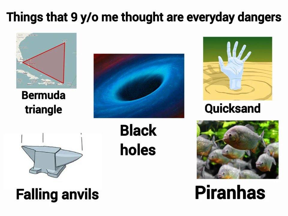Things that 9 me thought are everyday dangers Bermuda triangle Quicksand hoes Falling anvils Piranhas