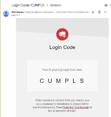 Login Code: СУМРЕ$ Riot Games <noreply@mail.accounts.riotgame... 6 mar 2025, (hace 2 5% Login Code Here is your login approval code: If this request did not come from you, change your account password