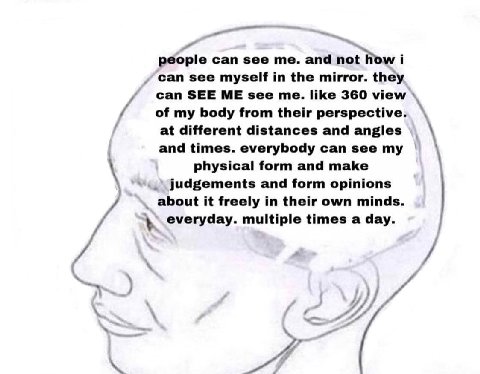 people can see me. and not how i can see myself the mirror. they can SEE ME see me. like 360 view of body from their perspective. at different distances and angles and times. everybody can see my phys
