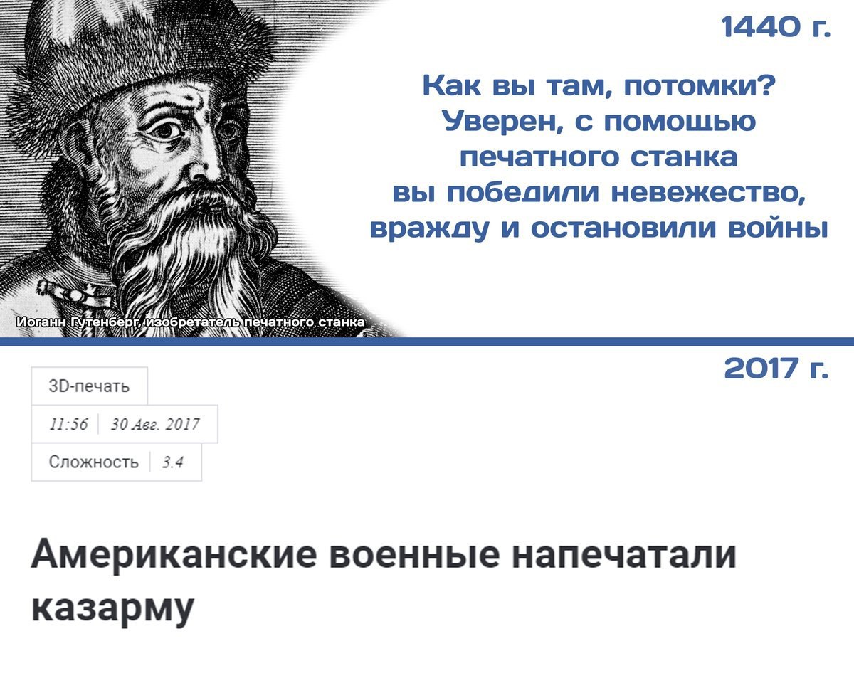 1440 Как вы там, потомки? Уверен, с помошью печатного станка вы невежество, вражду и остановили войны a A 4) 2017 11:56 30 Авг. 2017 Сложность 3.4 Американские военные напечатали казарму