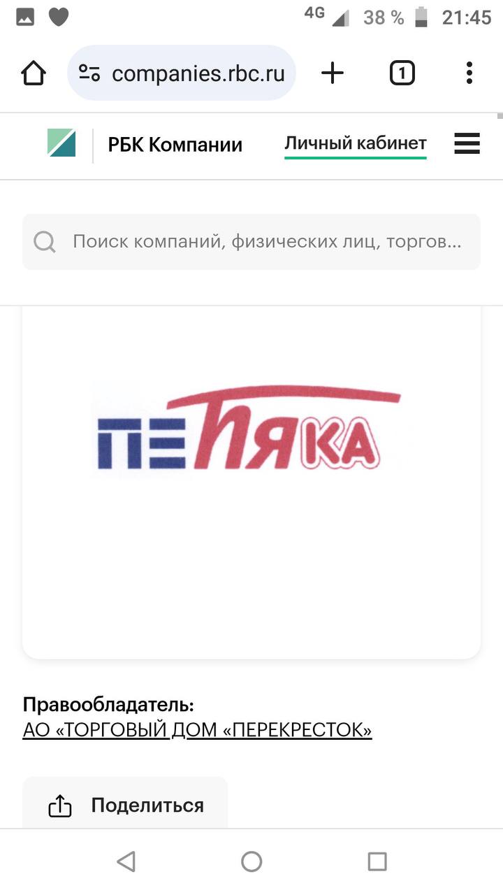 46 4 38% 21:45 a 25 companies.rbc.ru РБК Компании Личный кабинет Поиск компаний, физических лиц, торгов... ЯКА Правообладатель: «ТОРГОВЫЙ ДОМ «ПЕРЕКРЕСТОК» С Поделиться 0