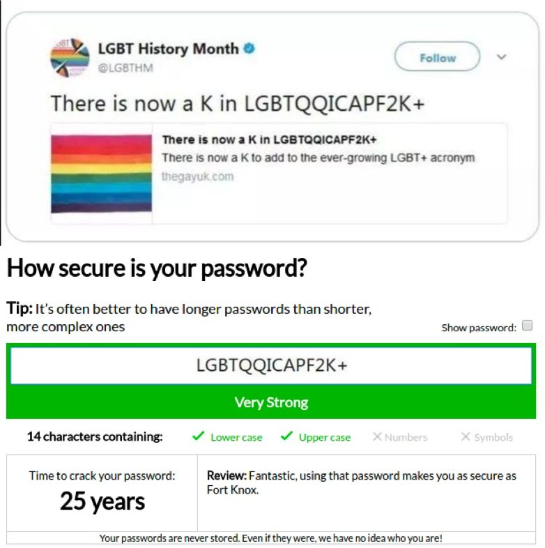 LGBT History Month There is now а К LGBTQQICAPF2K+ There is now a К in LGBTQQICAPF2K+ There is now a to add to the ever-growing LGBT+ acronym How secure is your password? Tip: It’s often better to hav