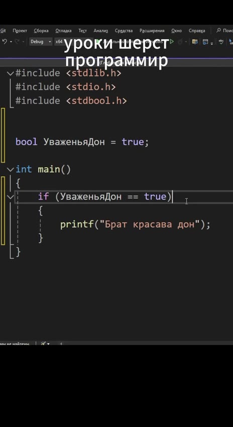 Goer Сера Фишка Test Ака Сота Pacumpenn бою Сша Non #include <stdio.h> #include <stdbool.h> | bool Увёженьядон = true; В | printf("Bpat красава дон"); = Debug > *уроки-шерет” Bo. t У! if (УваженьяДон