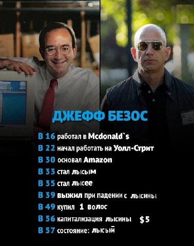 ДЖЕФФ БЕЗОС В 16 работал в В 22 начал работать на Уолл-Стрит В 30 основал Amazon В 33 стал лысым В 35 стал mbicee В 39 выжил при падении с лысины В 49 купил 1 волос В 56 капитализация лысины $5 В 57 с