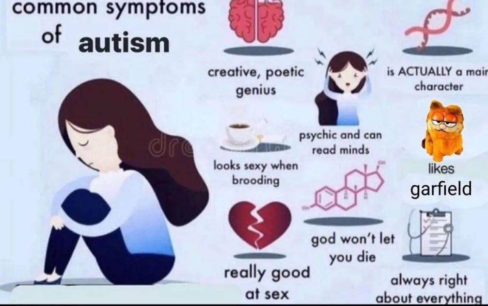 mmon symptoms of autism creative, poetic is ACTUALLY а тан character genius a. psychic and can read minds looks sexy when likes garfield brooding god let you die always right a sex about everythin