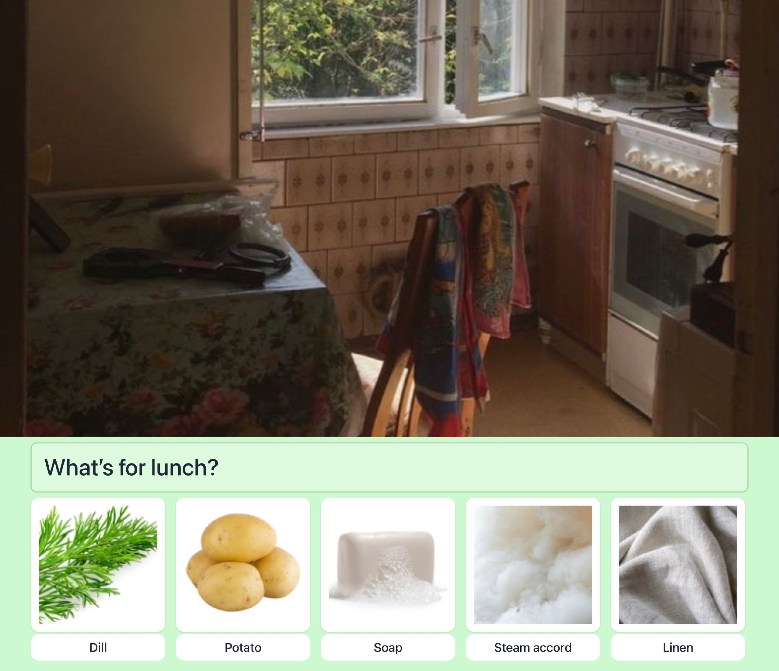 "7, What's for lunch? 3 Dill Potato Soap Steam accord Linen