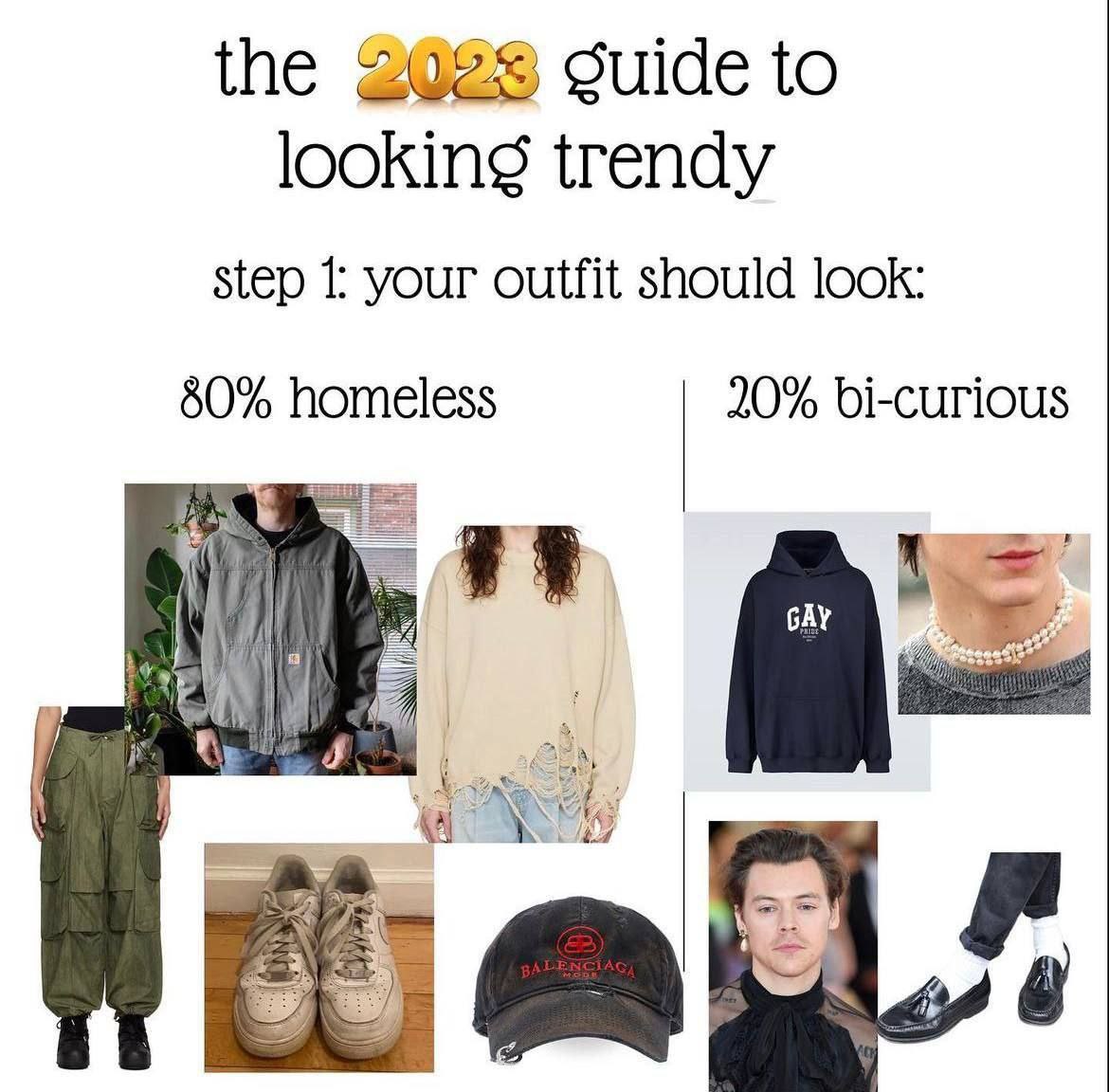 the 2028 ошае to looking trendy step 1: your outfit should look: 80% homeless 20% bi-curious 7