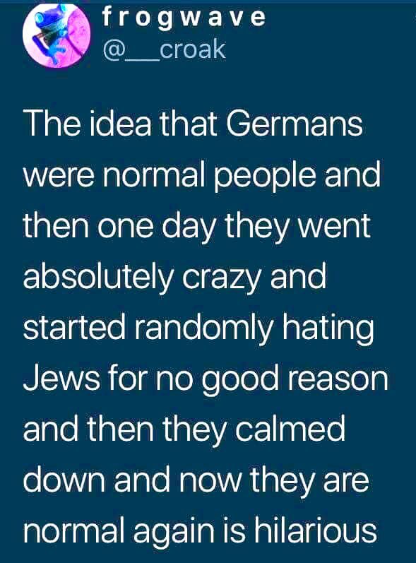 The idea that Germans were normal people and then one day they went absolutely crazy and Started randomly hating Jews for no good reason and then they calmed down and now they are normal again is hila
