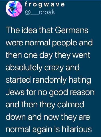 The idea that Germans were normal people and then one day they went absolutely crazy and Started randomly hating Jews for no good reason and then they calmed down and now they are normal again is hila