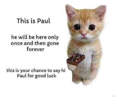 This is Paul he will be here only once and then gone forever this is your chance to say Paul for good luck