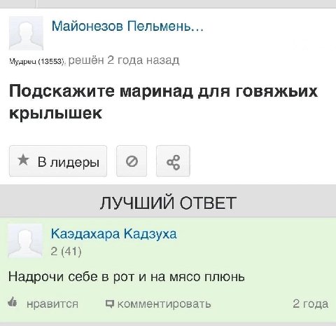 Майонезов Пельмены... Мудрец (13553), решён 2 года назад Подскажите маринад для говяжьих крылышек Ж Влидеры ЛУЧШИЙ ОТВЕТ Каэдахара Кадзуха 2 (41) Надрочи себе в рот и на мясо плюнь нравится С комменти