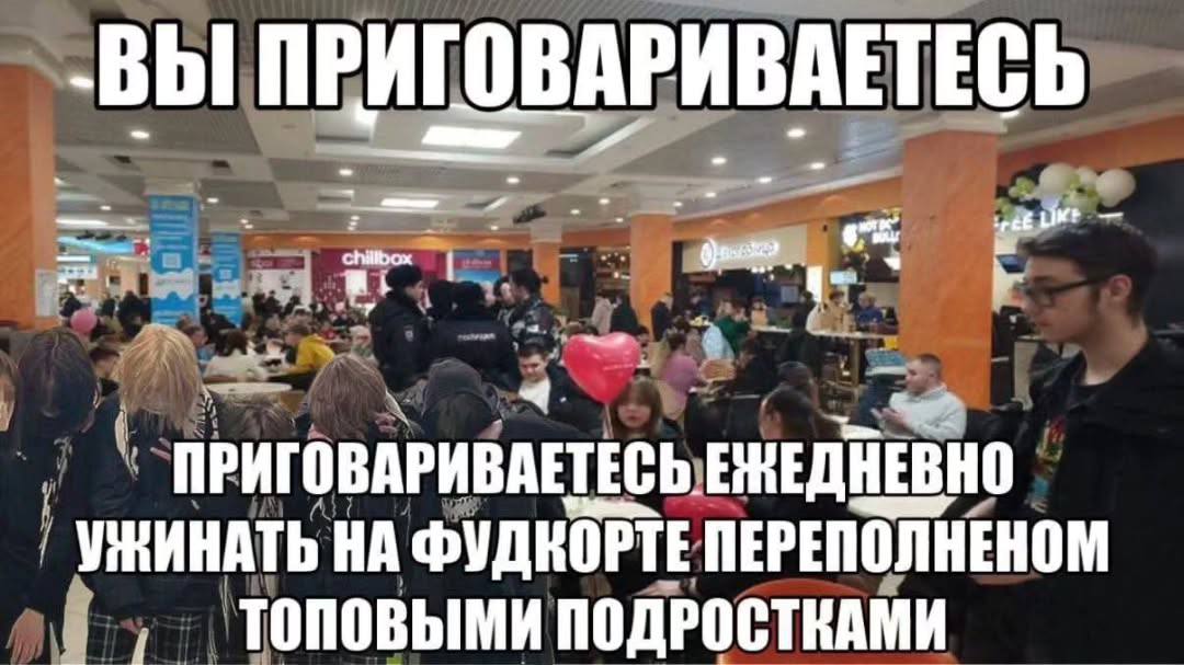-ВЫ ПРИГОВАРИВАЕТЕСЬ ПРИГОВАРИВАЕТЕСЬ ЕЖЕДНЕВНО УЖИНАТЬ НА ФУДКОРТЕ ПЕРЕПОЛНЕНОМ ПОДРОСТКАМИ