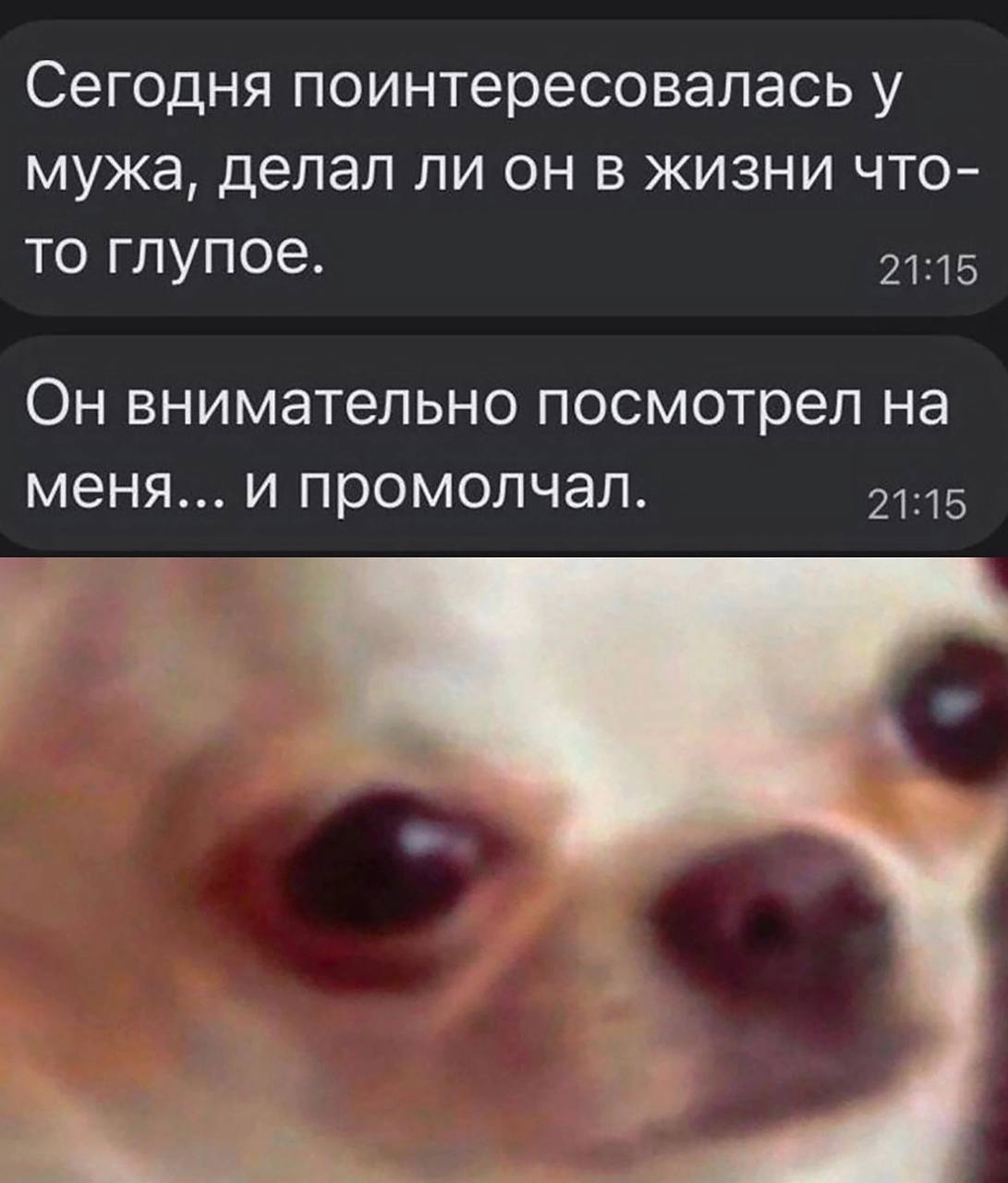 Сегодня поинтересовалась у мужа, делал ли он в жизни что- то глупое. 21:15 Он внимательно посмотрел на меня... и промолчал. 21:15