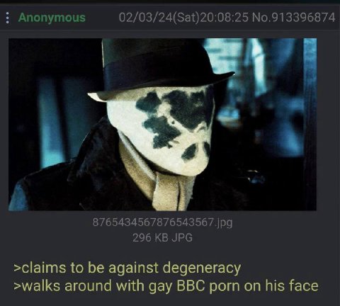 02/03/24(Sat)20:08:25 No.913396874 8765434567876543567. jpg 296 JPG >claims to be against degeneracy >walks around with gay BBC porn on his face