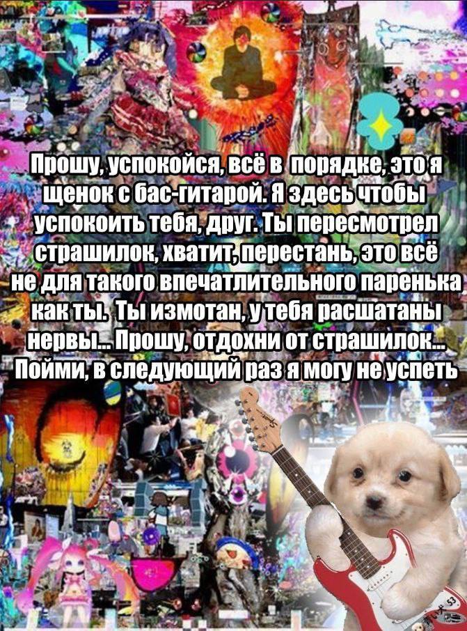а a 5 rou Прошу, успокойся, всё в 310.4 Щенок с бас-гитарой. Я здесьчтобы успокоить тебя, друг. Ты пересмотрел страшилок, хвати перестань, это BCE не для такого впечатлительного паренька: как ты: Ты и