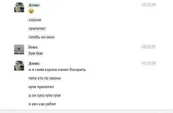 Денис короче прилетел голубь на окно Вова (6:33:57 бум бум Денис 15:33:58 и я сним короче начил бозарить ТИПО КТО ПО ЖИЗНИ хули прилетел а он сука гули гули я ево как уебал