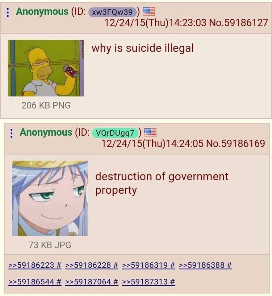Anonymous No.59186127 why is suicide illegal 206 PNG Anonymous VQrDUgq7 12/24/15(Thu)14:24:05 No.59186169 destruction of government 73 JPG >>59186223 >>59186228 >>59186319 >>59186388 >>59186544 >>5918