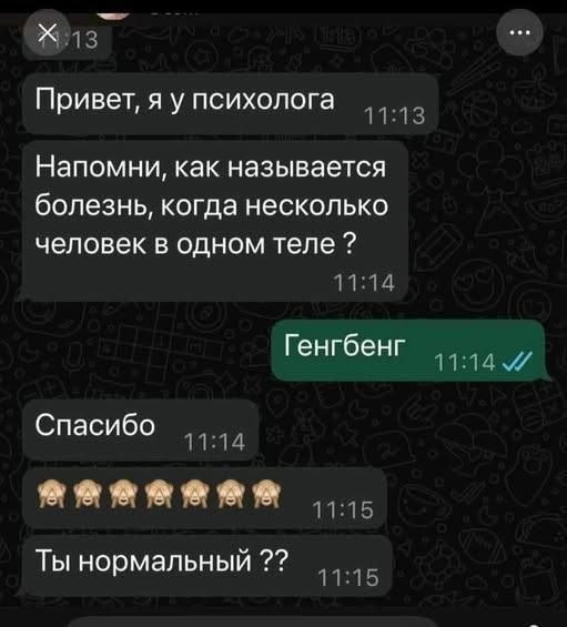 Привет, я у психолога 11:13 Напомни, как называется болезнь, когда несколько человек в одном теле 11:14 Генгбенг 11:14 Спасибо 11:14 11:15 Ты нормальный 11:15