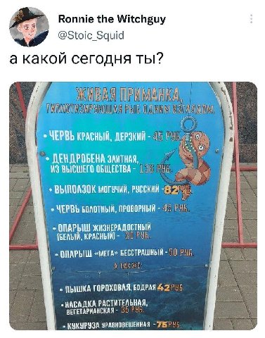 Ronnie the Witchguy @Stoic_ Squid а какой сегодня ты? КРАСНЫЙ, ДЕРЗКИЙ ДЕНДРОБЕНА ВЫСШЕГО ОБЩЕСТВА- 136 РУБ. ВЫПОЛЗОК могучий, РУССКИЙ -8 2 БОЛОТНЫЙ, ПРОВОРНЫЙ 45 РУБ ОПАРЫШ ЖИЗНЕРАДОСТНЫЙ КРАСНЫЙ] 30
