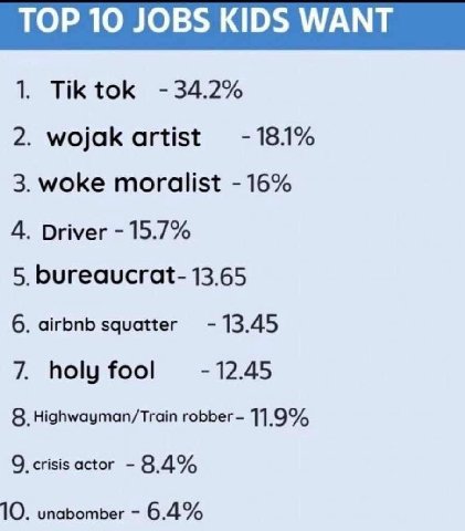 1. tok 34.2% 2. wojak artist 18.1% 3. woke moralist 16% 4. Driver 15.7% 5. bureaucrat- 13.65 6. airbnb squatter 13.45 7. holy fool 12.45 8. Highwayman/Train robber- 11.9% 9. crisis actor 8.4% 10. unab