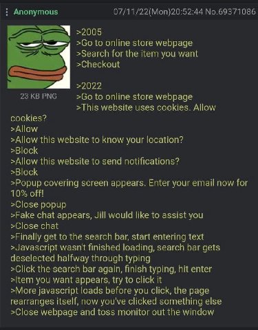 Anonymous 07/11/22(Mon)20:52:44 No.69371086 >2005 to online store webpage >Search for the item you want >Checkout >2022 23 PNG to online store webpage >This website uses cookies. Allow cookies? >Allow