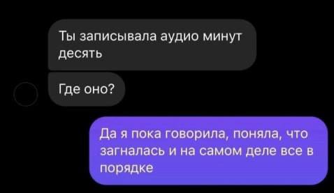Ты записывала аудио минут десять Где оно? Да я пока говорила, поняла, что загналась и на самом деле все в порядке