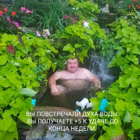 Я ВЫ ПОВСТРЕЧАЛИ ДУХА ВОДЫ. ВЫ ПОЛУЧАЕТЕ +5 К УДАЧЕ ДО КОНЦА НЕДЕЛИ.