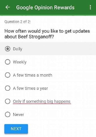 Question 2 of 2: How often would you like to get updates about Beef Stroganoff? Daily Weekly A a month О A few times a year Only if something big happens Never