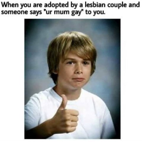 When you are adopted а lesbian couple and someone says mum gay” to you.