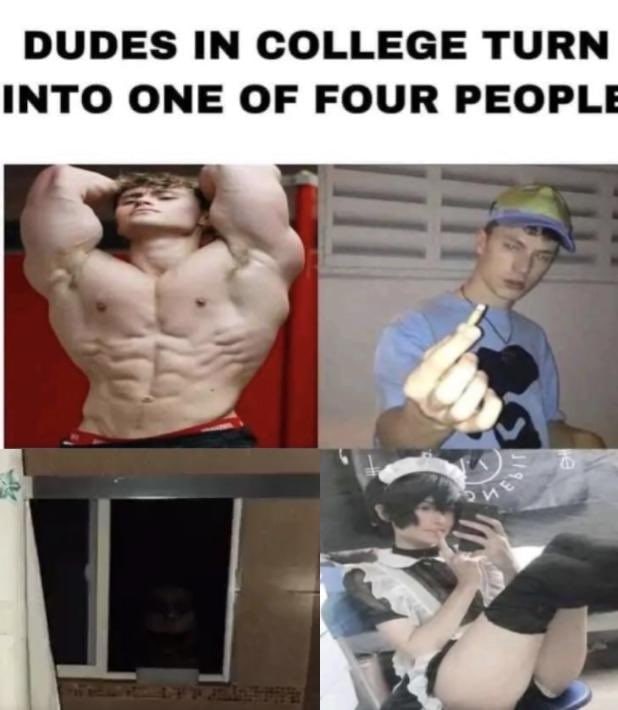 DUDES IN COLLEGE TURN INTO ONE OF FOUR PEOPLI