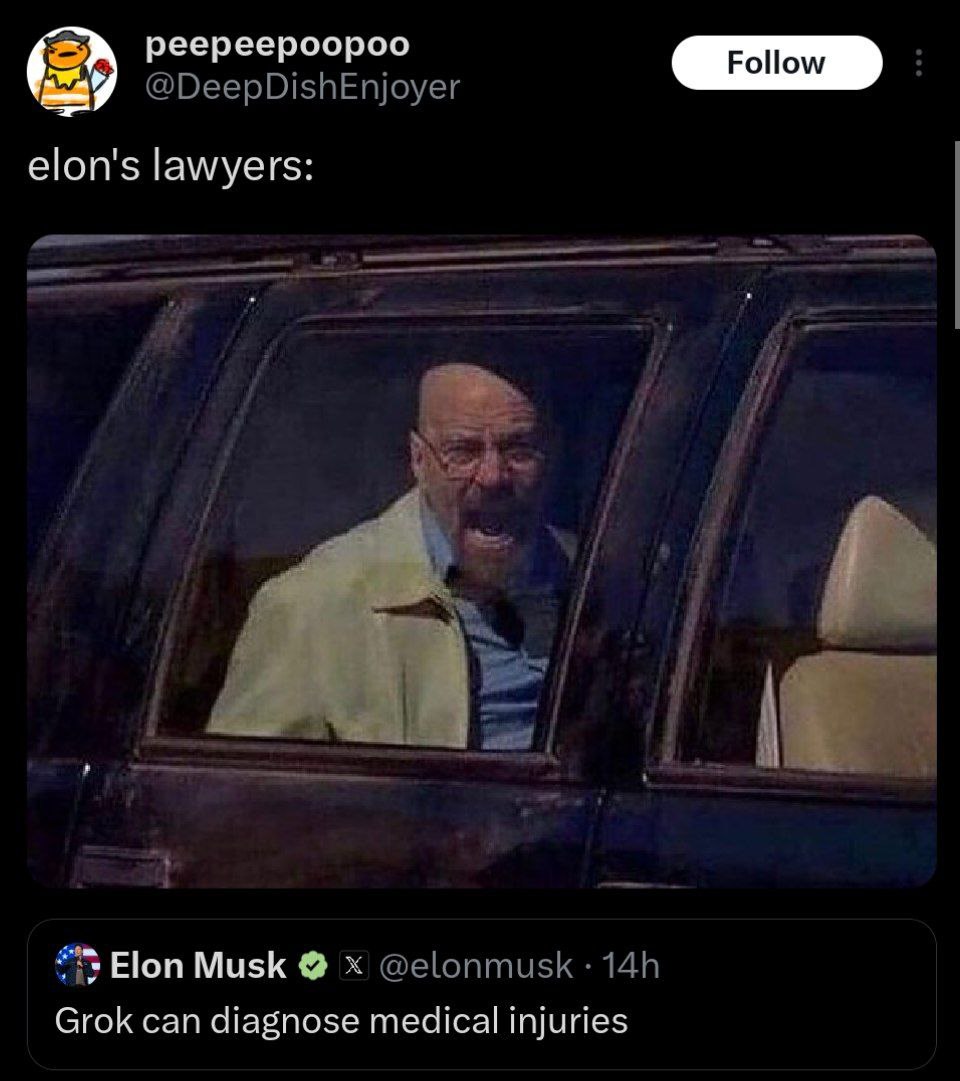 реереероороо @DeepDishEnjoyer elon's lawyers: Elon Musk @elonmusk Grok can diagnose medical injuries