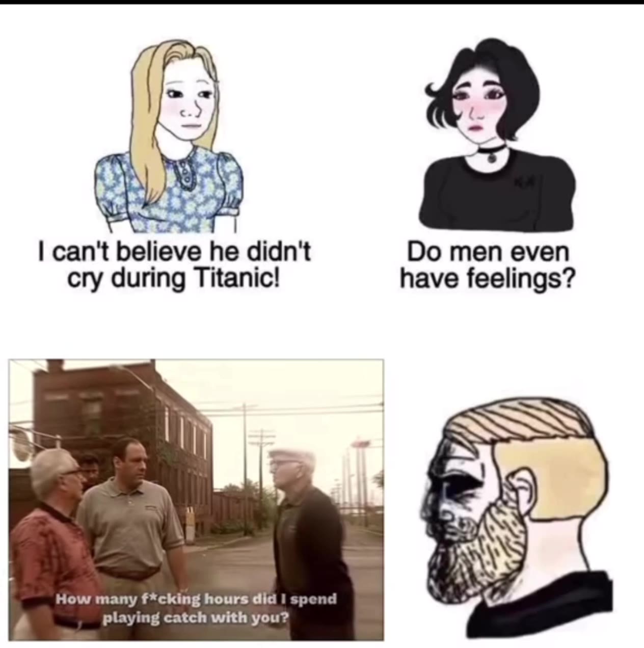 cry during Titanic! have feelings? How many f*cking hours did | spend ‘ 4.96 playing catch with you?