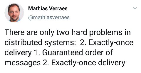 Mathias Verraes @mathiasverraes There are only two hard problems in distributed systems: 2. Exactly-once delivery 1. Guaranteed order of messages 2. Exactly-once delivery