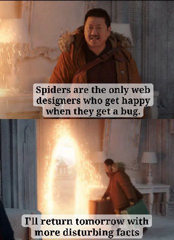Spiders are the only web designers who get happy when they get а bug. return tomorrow with more disturbing facts