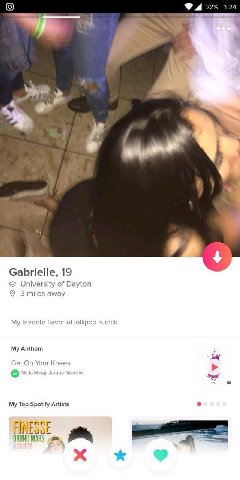 A 22% 1:24 A Gabrielle, 19 University of Dayton away My favorite flavor of lollipop is dick My Anthem Get On Your Knees Nicki Minaj, Ariana Grande My Top Spotify Artists BRUNO MARS A