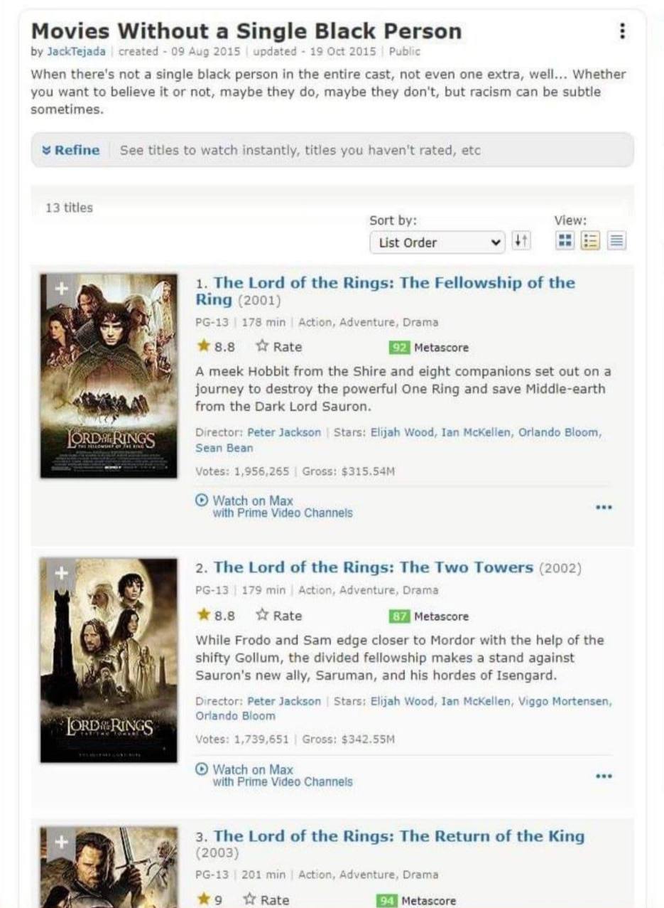 Movies Without a Single Black Person 9A JackTejada When there's not a single black person in the entire cast, not even one extra, well. Whether you want to believe it or not, maybe they maybe they don