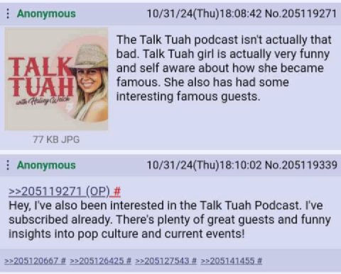 Anonymous No.205119271 The Talk Tuah podcast isn't actually that Бад. Talk Tuah girl is actually very funny TAL and self aware about how she became famous. She also has had some interesting famous gue