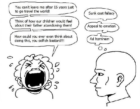You can't leave me after 15 years just to travel the world! Think of how our children would feel about their father abandoning them! How could you ever even think about doing this, you selfish bastard