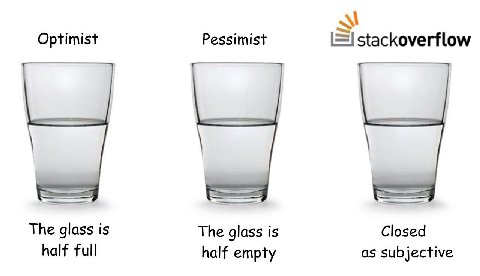 Optimist Pessimist stackoverflow The glass is The glass is Closed half full half empty as subjective