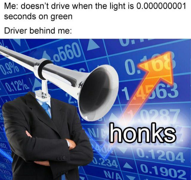 Me: doesn’t drive when the light is 0.000000001 seconds on green Driver behind me: 14503