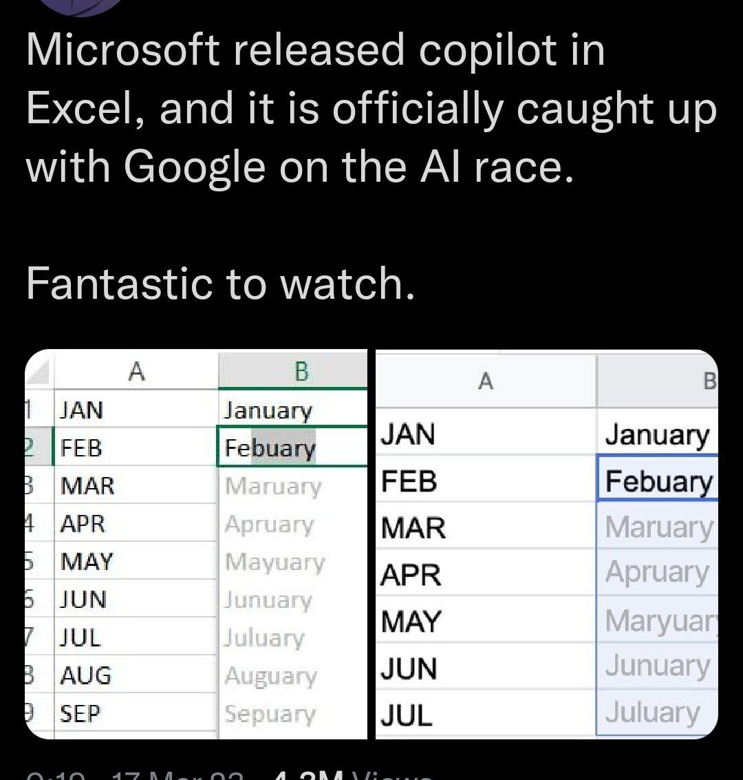 Microsoft released copilot Excel, and it is officially caught up with Google on the race. Fantastic to watch. A A В JAN January JAN January 3 МАВ FEB АРВ MAR MAY APR 5 MAY 3 JUN |SEP JUL