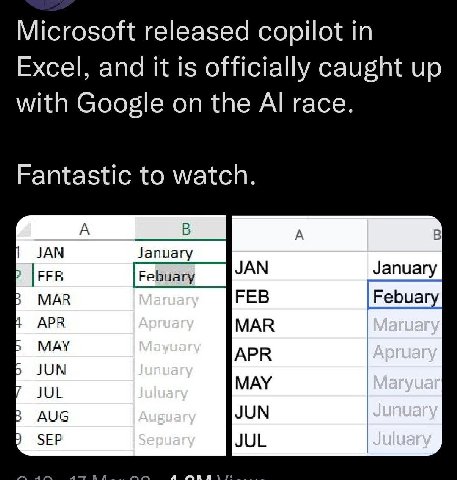 Microsoft released copilot Excel, and it is officially caught up with Google on the race. Fantastic to watch. A A В JAN January JAN January 3 МАВ FEB АРВ MAR MAY APR 5 MAY 3 JUN |SEP JUL