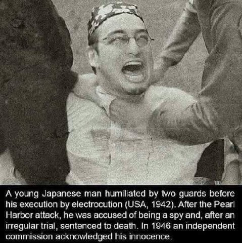 А young Japanese man humiliated two guards before his electrocution (USA, 1942). After the Pearl Harbor attack, he was accused of being a spy and, after an trial, sentenced to death. 1946 an independe