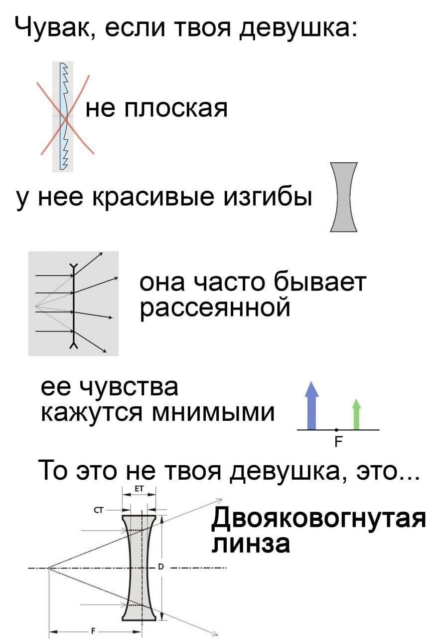 Чувак, если твоя девушка: не плоская у нее красивые изгибы она часто бывает рассеянной ее чувства кажутся мнимыми То это не твоя девушка, это... Двояковогнутая линза