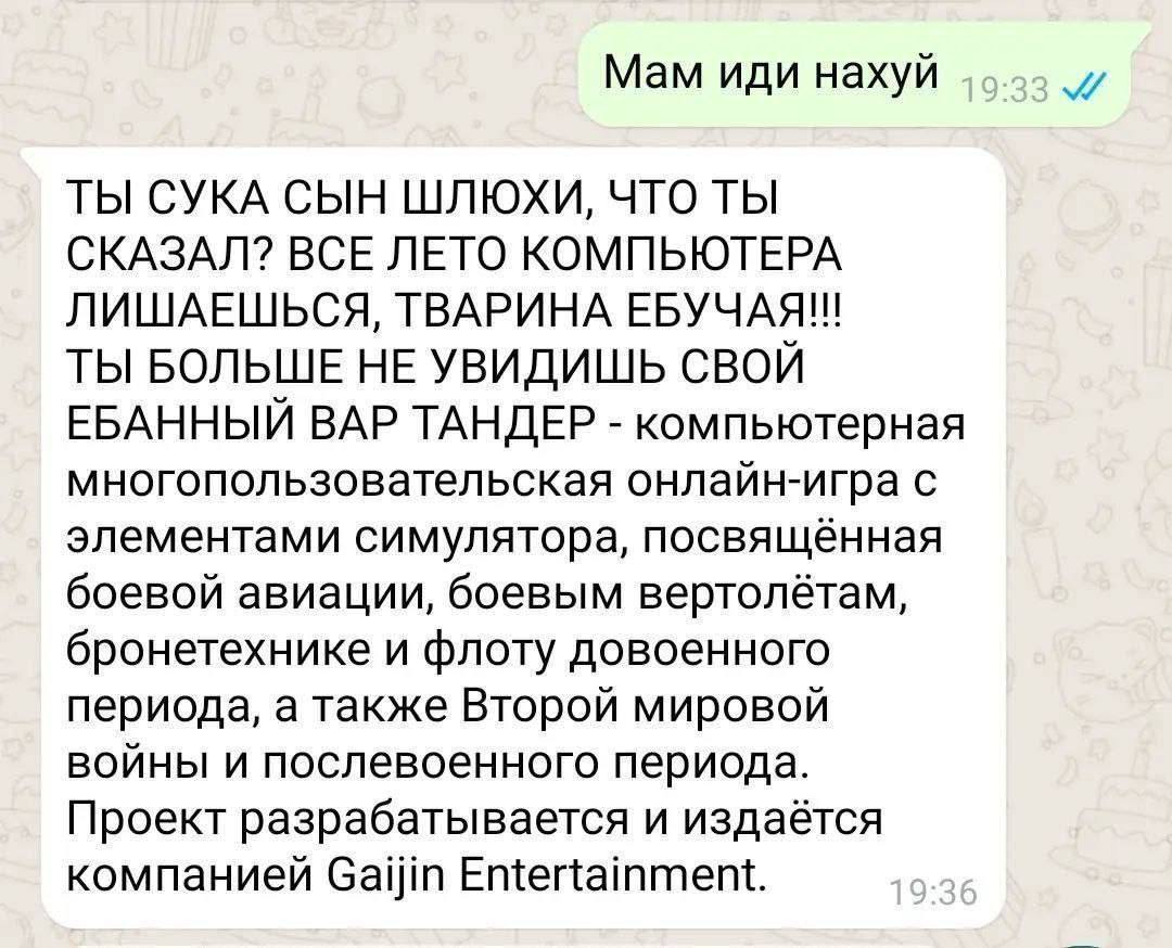 Мам иди нахуй ТЫ СУКА СЫН ШЛЮХИ, ЧТО ТЫ СКАЗАЛ? ВСЕ ЛЕТО КОМПЬЮТЕРА ЛИШАЕШЬСЯ, ТВАРИНА ЕБУЧАЯ!! ТЫ БОЛЬШЕ НЕ УВИДИШЬ СВОЙ ЕБАННЫЙ ВАР ТАНДЕР компьютерная многопользовательская онлайн-игра с элементами