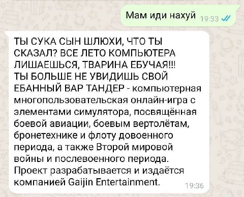Мам иди нахуй ТЫ СУКА СЫН ШЛЮХИ, ЧТО ТЫ СКАЗАЛ? ВСЕ ЛЕТО КОМПЬЮТЕРА ЛИШАЕШЬСЯ, ТВАРИНА ЕБУЧАЯ!! ТЫ БОЛЬШЕ НЕ УВИДИШЬ СВОЙ ЕБАННЫЙ ВАР ТАНДЕР компьютерная многопользовательская онлайн-игра с элементами