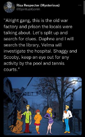Riza Respecter (Mysterious) @SpiritualGenin "Alright gang, this is the old war factory and prison the locals were talking about. Let's split up and search for clues. Daphne and will search the library