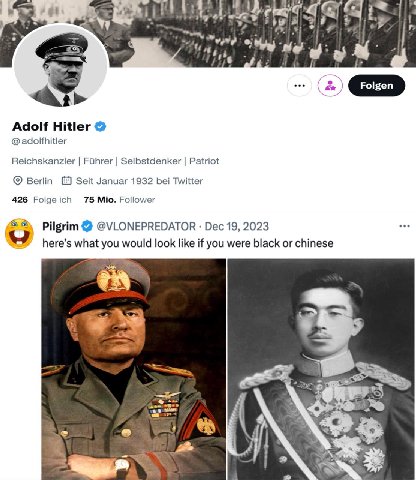 Adolf Hitler adolfhitler Reichskanzler Fiihrer Selbstdenker Patriot Berlin Seit Januar 1932 bei Twitter 426 Folge ich 75 Mio. Follower Pilgrim @VLONEPREDATOR Dec 19, 2023 here’s what you would look li