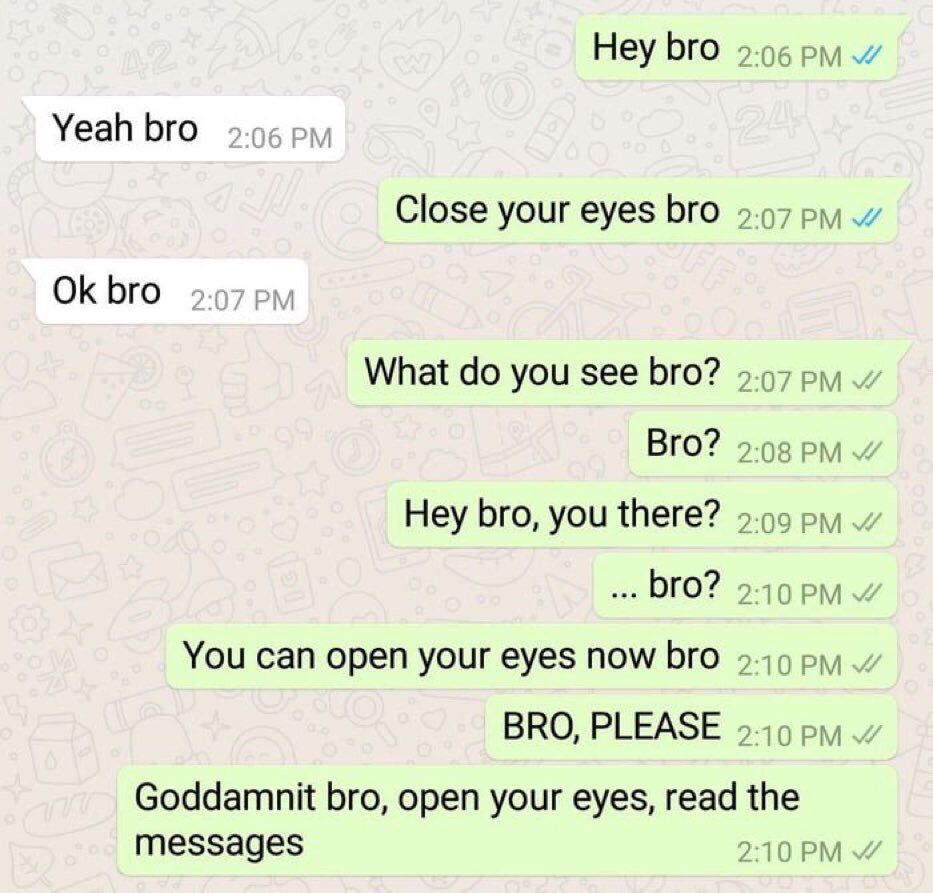 Неу bro 2:06 Yeah Бго 9-96 pyy Close your eyes bro bro 2:07 What you see bro? 9.97 Bro? 2:08 Hey bro, you there? 9-99 2-10 You can open your eyes now bro 9.49 BRO, PLEASE 9-19 Goddamnit bro, open your
